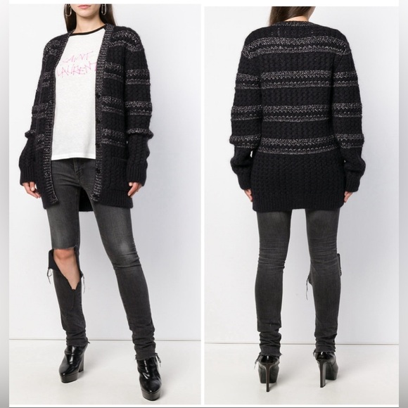 Saint Laurent Paris Cable Knit Striped Wool blend Cardigan - Picture 1 of 4